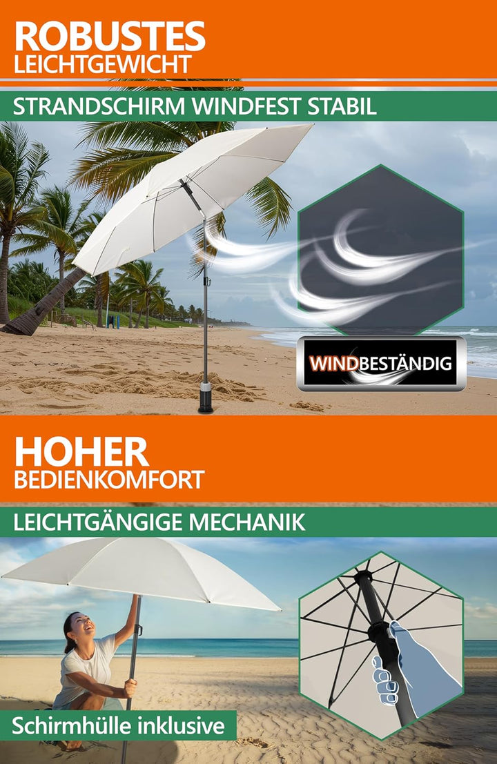 4smile Sonnenschirm Strand SunnyJoy 3-IN-1-SET, Fb. Beige - Strandschirm Ø 180 cm + Bodenhülse + Sch