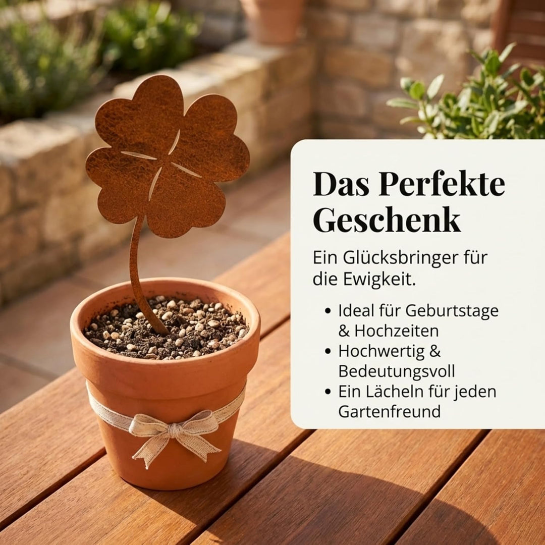 MM Steel Styles Edelrost Kleeblatt Gartenstecker-einfach einsteckbare Rostdeko aus hochwertigem Cort