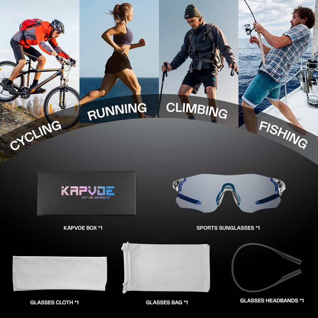 KAPVOE Sportbrille Selbsttönend Fahrradbrille Herren MTB Brille Klar Radbrille Damen Rennrad Sonnenb