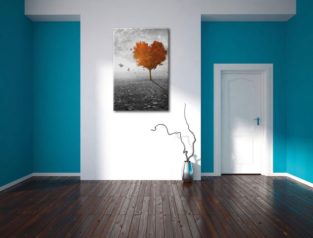 Pixxprint Roter Herzbaum im Herbst schwarz/weiss als Leinwandbild/Grösse: 100x70 cm/Wandbild/Kunstdr