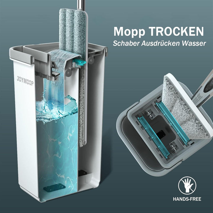 JOYMOOP Wischmopp und Eimer mit Auswringer-Set, freihändiger flacher Bodenwischer und Eimer, mit 3 w