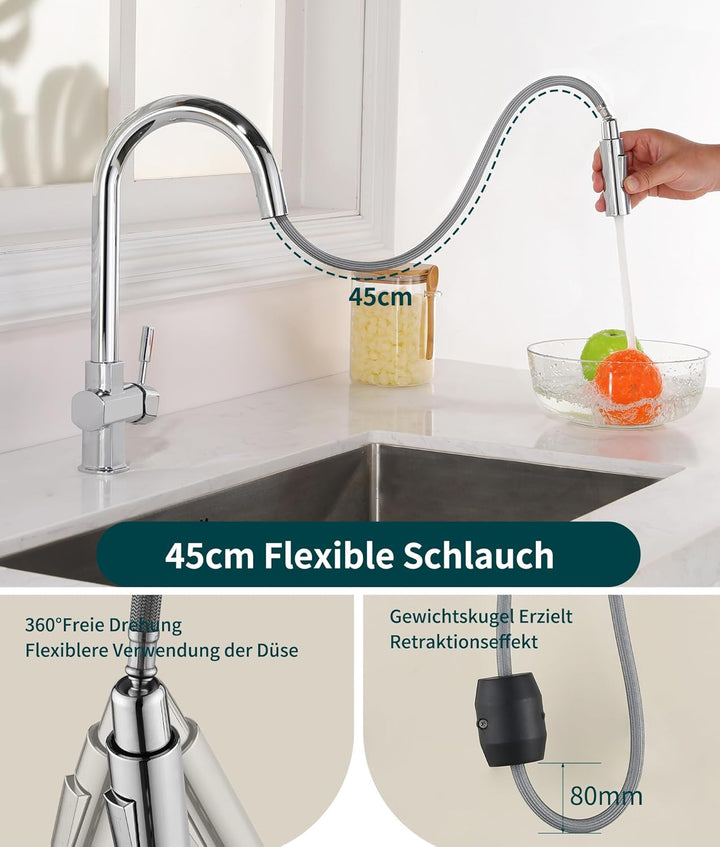 Wasserhahn Küche,Hochdruck Küchenarmatur mit Ausziehbar Brause,Armatur Küche 360° Drehbar,Spültischa