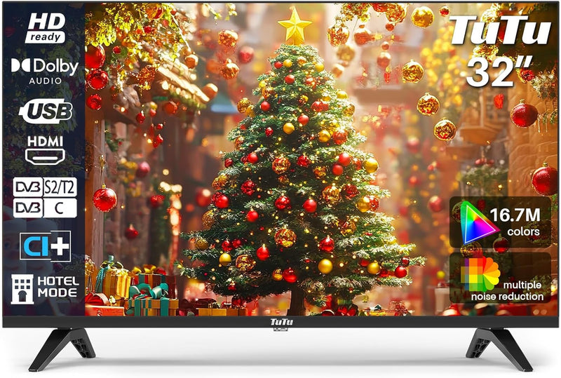 TuTu 32 Zoll TV Fernseher (80cm) LED HD Ready Dolby Audio Triple Tuner (DVB-T/T2-C-S/S2) HDMI USB-Me