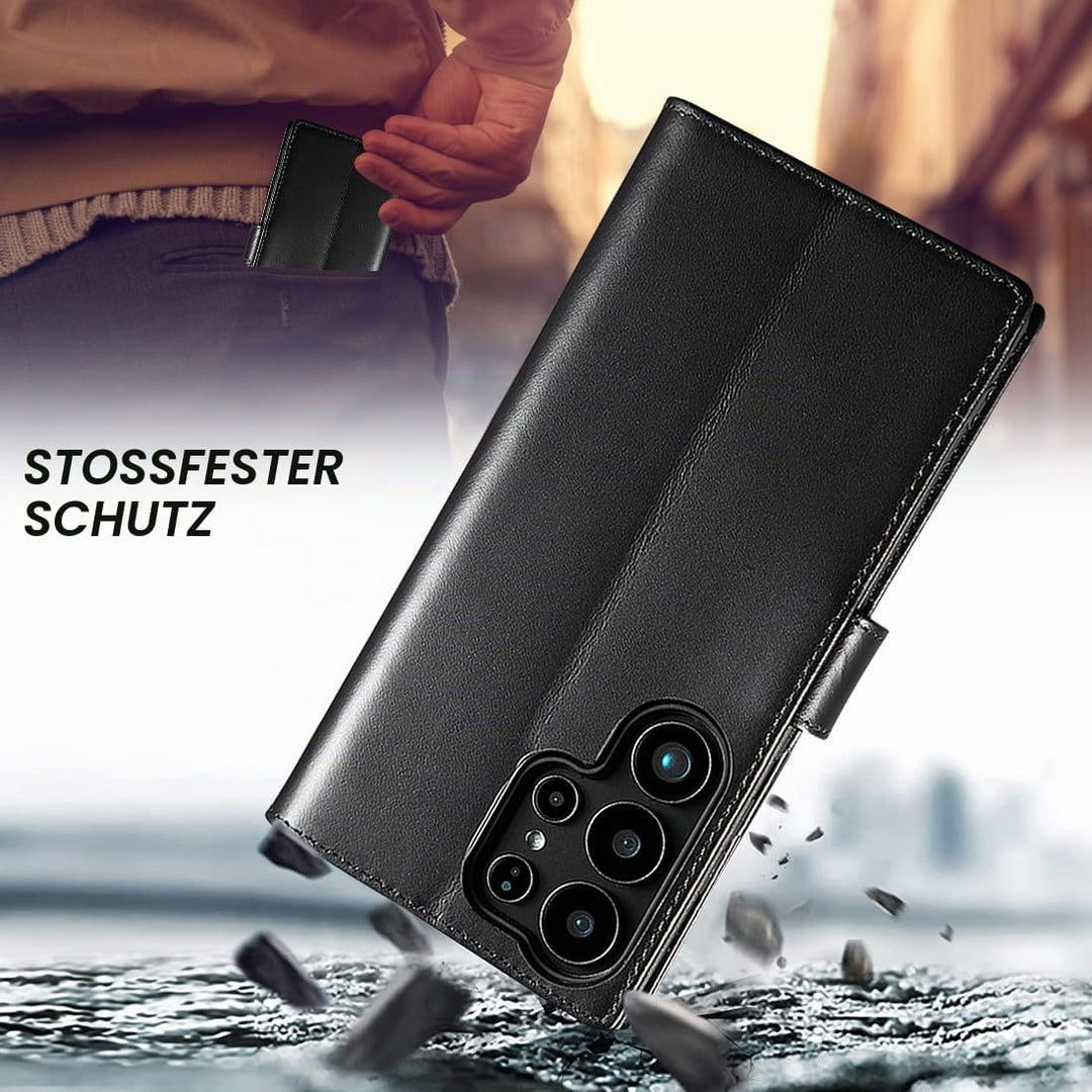 LENSUN Handyhülle für Samsung Galaxy S25 Ultra Echtleder, Hülle [Brieftasche][Standfunktion][RFID Sc