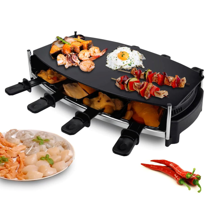 Syntrox Germany Raclette für 8 Personen Wallixa Emailliert, Partygrill mit Glas-Keramik Platte, 1000