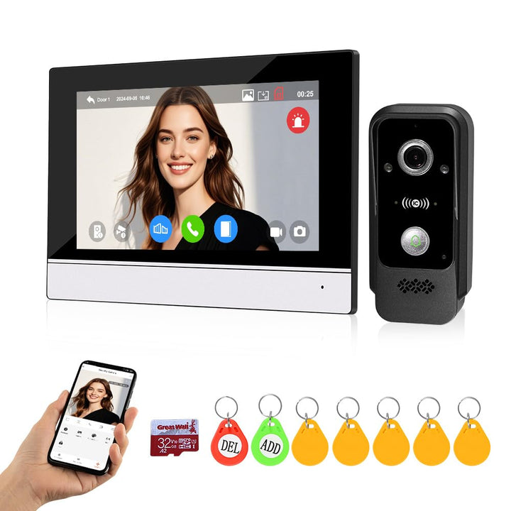 QTTYELOK WLAN Video-Sprechanlage Türklingel Kamera mit Monitor 1080P HD 7inch Verdrahtetem Farbbilds