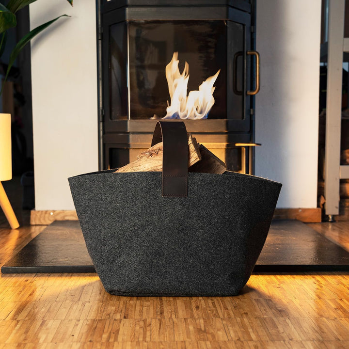 Designer Kaminholzkorb Filz [30L] - Made in Germany Holzkorb für Kaminholz aus upcycling rPET Filz m