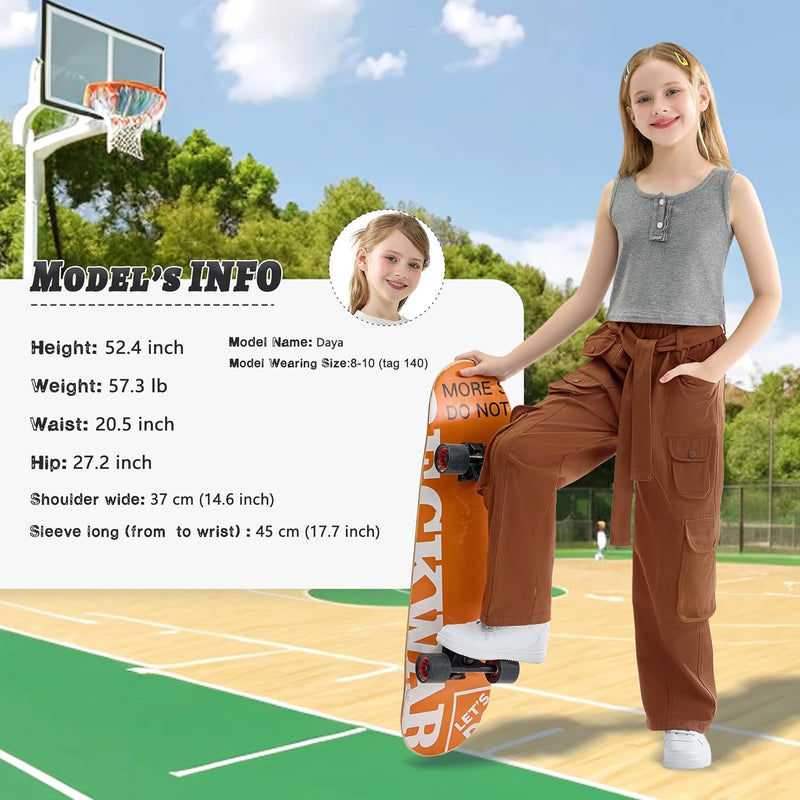 Rolanko Mädchen Baggy Cargo Hose, Elastisch Hohe Taille Gerade Weites Bein Streetwear Hose mit Mehre