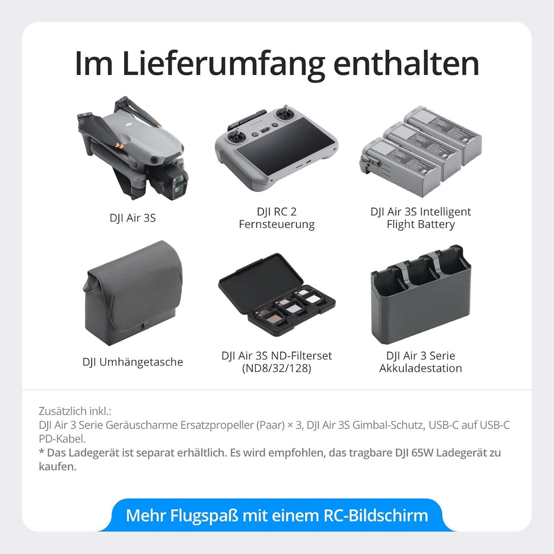 DJI Air 3S Fly More Combo (RC 2 Fernsteuerung mit Bildschirm), Drohne mit 1" CMOS Weitwinkel- & mitt