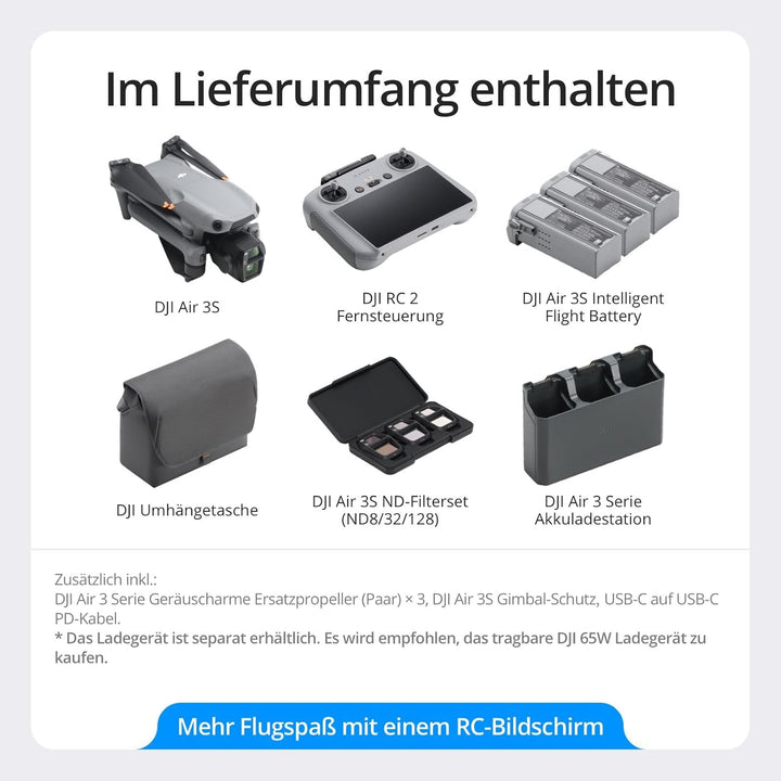 DJI Air 3S Fly More Combo (RC 2 Fernsteuerung mit Bildschirm), Drohne mit 1" CMOS Weitwinkel- & mitt