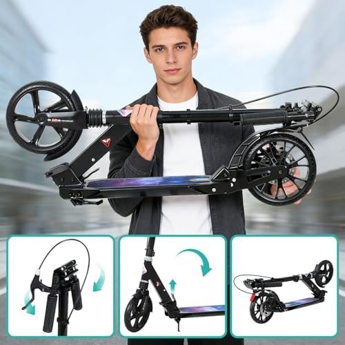 ISE Big Wheel Scooter Tretroller 200mm Roller Cityroller Klappbarer Scooter mit 2 Räder,Handbremse f