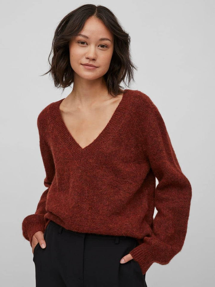 Vila Damen Vijamina Rev V-Neck L/S Knit Top-Noos Strickpullover XL Fired Brick, XL Fired Brick
