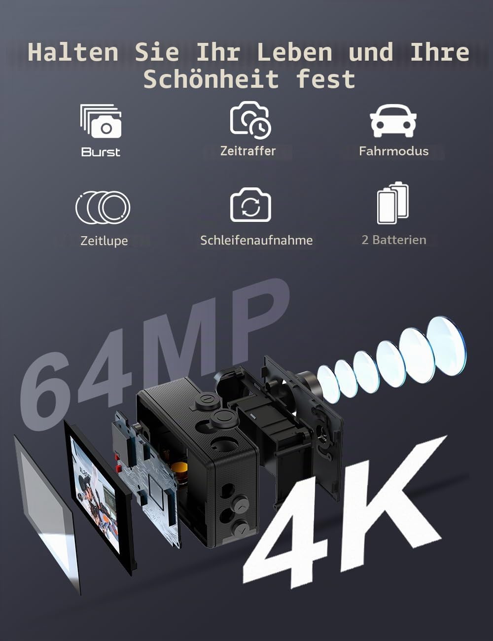 Apexcam M80Air Action Cam 4K60FPS 64MP Unterwasserkamera 40m Wasserdicht EIS Stabilisierung 8X Zoom