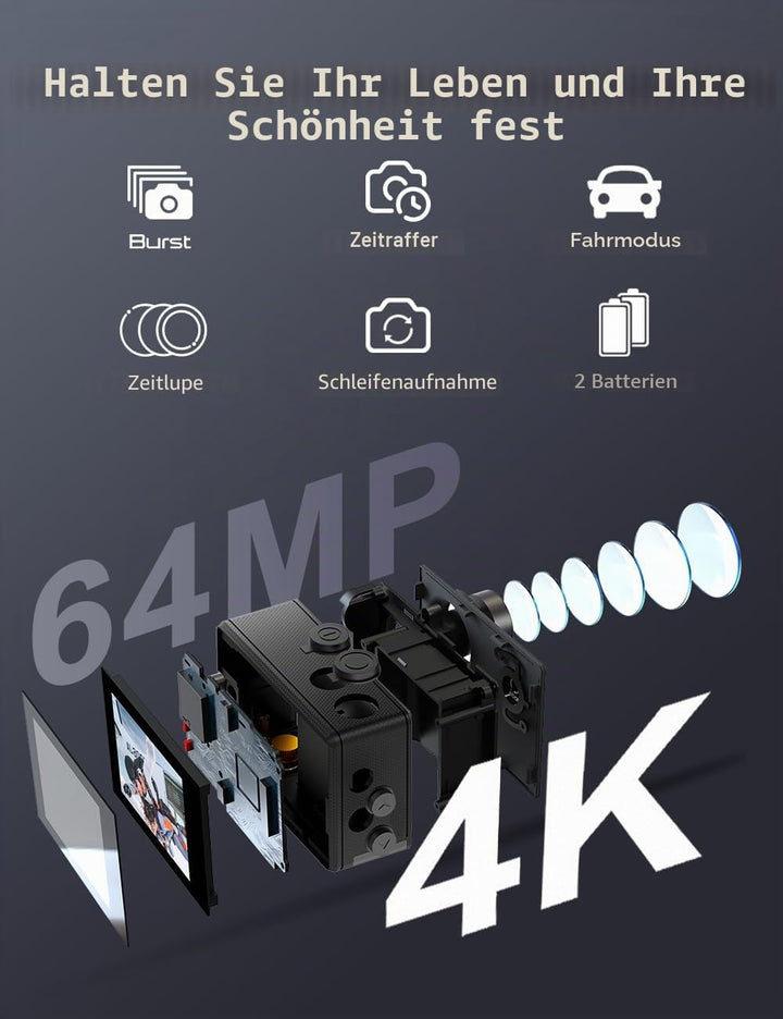 Apexcam M80Air Action Cam 4K60FPS 64MP Unterwasserkamera 40m Wasserdicht EIS Stabilisierung 8X Zoom