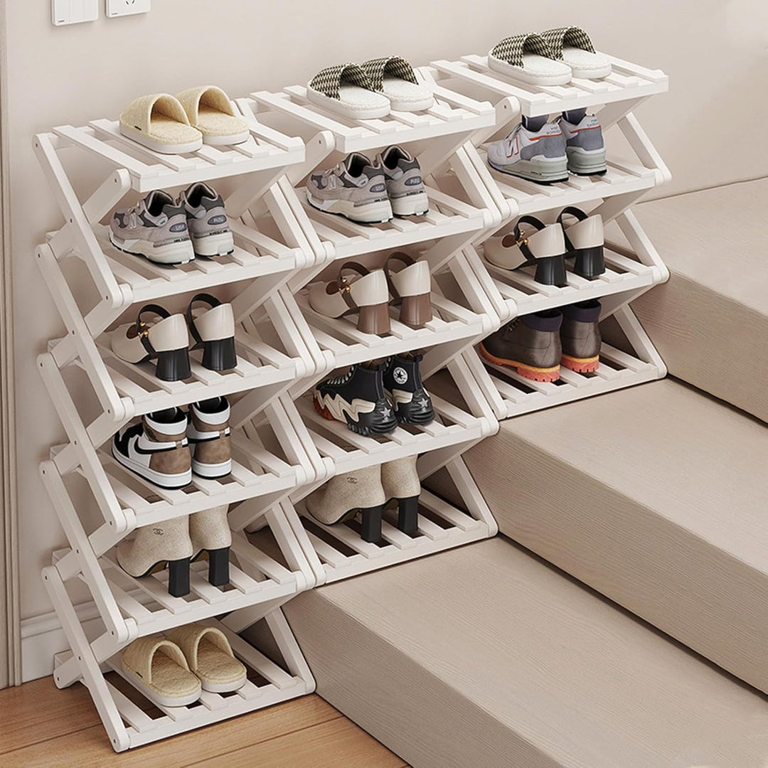 Kleines Schuhregal, weiss, 4 Etagen, Bambus, faltbar, Schuh-Organizer, freistehendes Regal für Einga