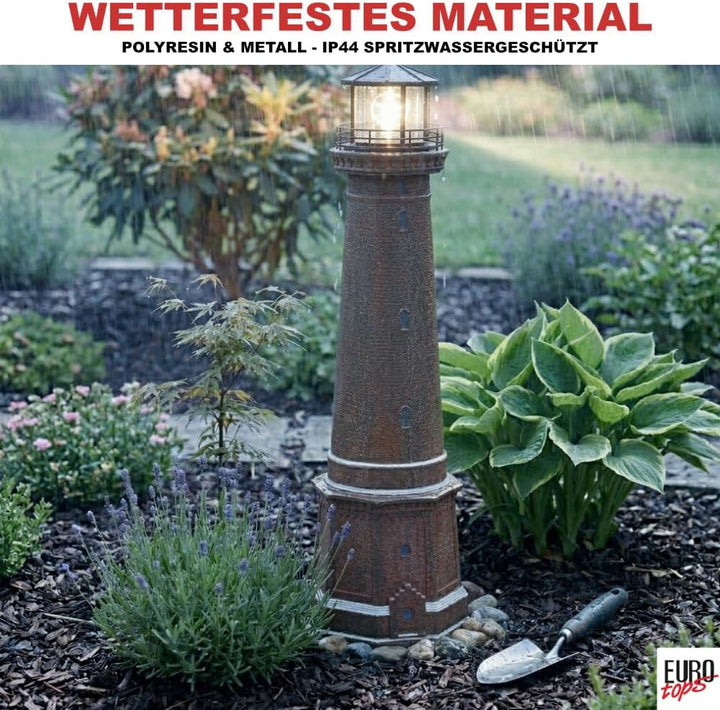 Solar-Leuchtturm Borkum aus Polyresin, LED Leuchtfeuer automatisch, wetterfest IP44, handbemalt, Gar