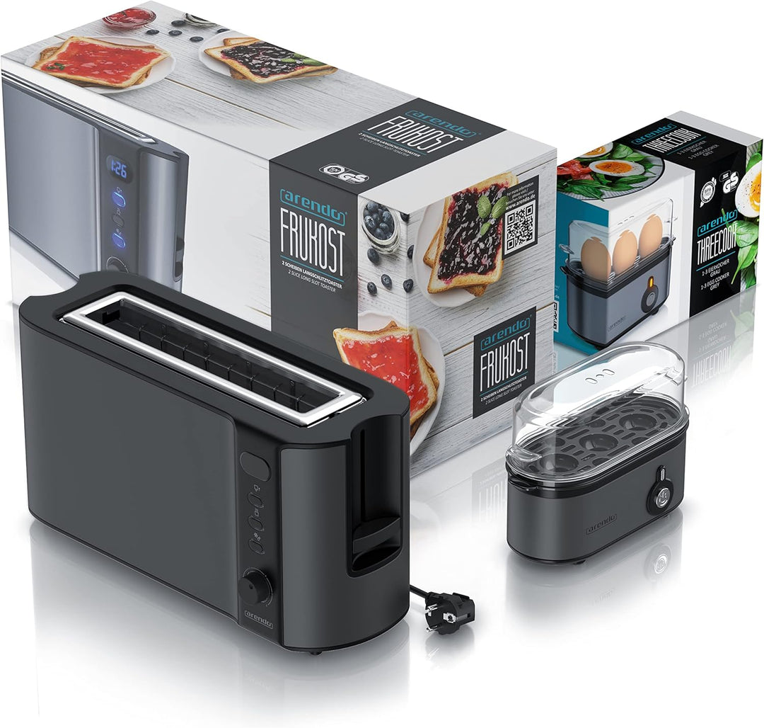 Arendo - SET Toaster FRUKOST und Eierkocher THREECOOK Edelstahl Cool Grey – Toaster 2 Scheiben, LED-