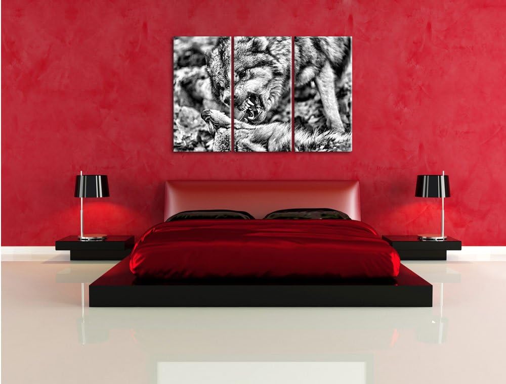 Pixxprint Monocrome, kämpfende Wölfe 3-Teiler Leinwandbild 120x80 Bild auf Leinwand