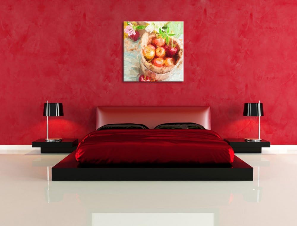 Pixxprint Bucket of Cherries Pinsel Effekt, Format: 70x70 auf Leinwand, 70x70