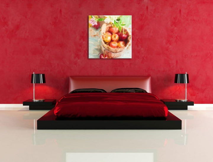 Pixxprint Bucket of Cherries Pinsel Effekt, Format: 70x70 auf Leinwand, 70x70