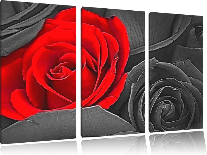 romantische rote Rosen schwarz/weiss Deluxe 3-Teiler Leinwandbild 120x80 Bild auf Leinwand, XXL ries