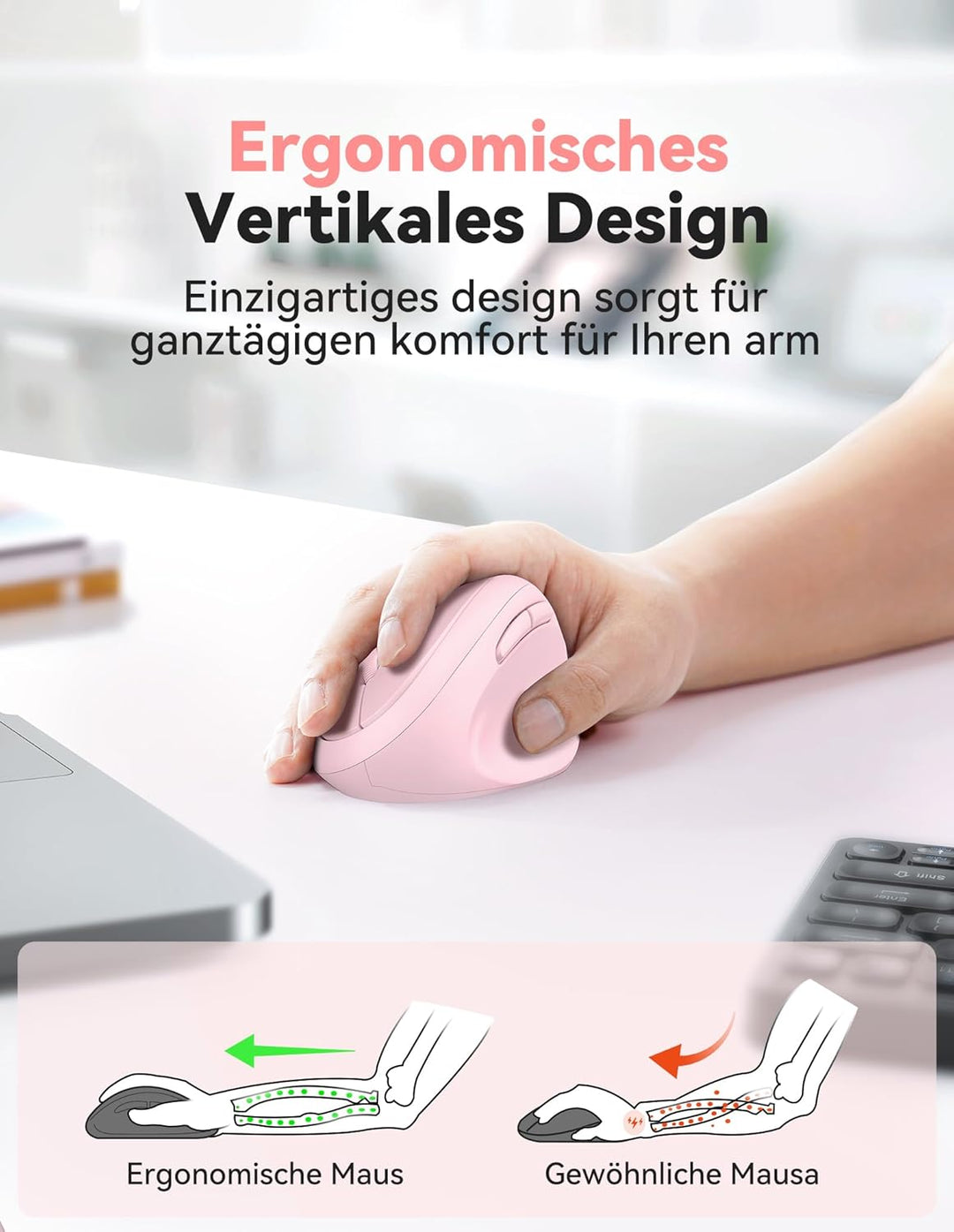 TECKNET Ergonomische Maus Kabellos, 4800 DPI Vertikale Maus, 99% Lärmminderung, 6 Tasten, 2.4G Compu