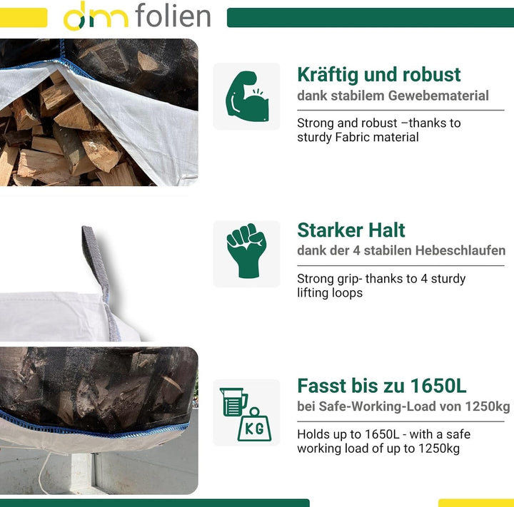 dm-Folien Holz Big Bag 95x95x175cm I 5 Stück I SWL 1.250 kg I Robuster Big Bag Holz mit 4 Ventilatio