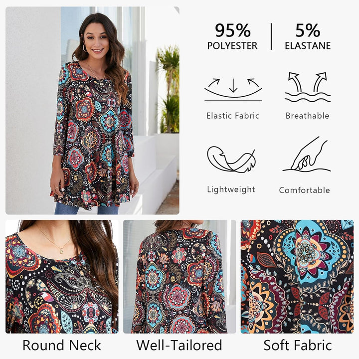 Enmain Damen Tunika Shirt Langarm/Kurzarm Longshirt Paisley Blumen 3/4 ärmel Locker Tops Sitzende Ob