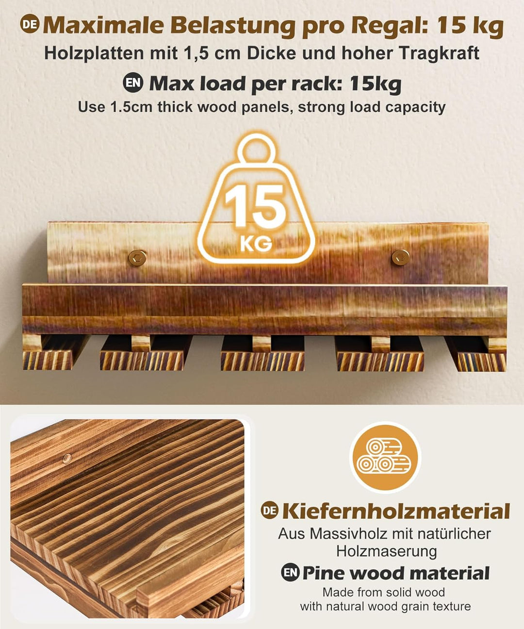 Yorbay 2er-Set Wand Holz Weinregal: Vintage Wandbar aus Beflammtem Palettenholz mit Weinglasregal fü