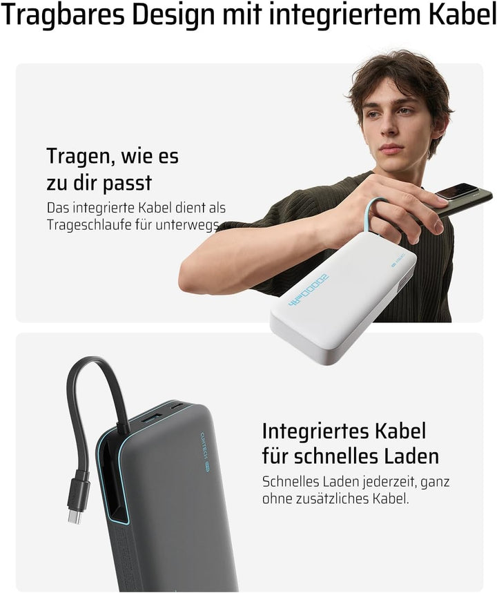 CUKTECH 20000mah Power Bank, 45W Powerbank mit Integriertem USB-C Kabel, Externe Handyakkus mit Schn