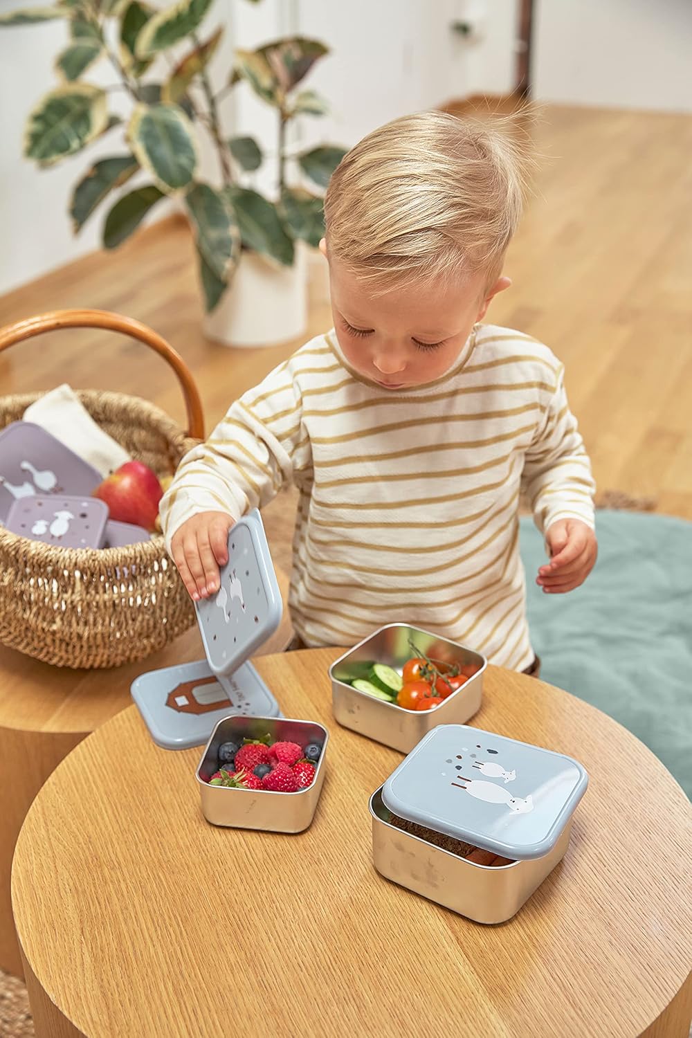 LÄSSIG Snackbox 3er Set Edelstahl 3 Stück Tiny Farmer blue Blau, Blau