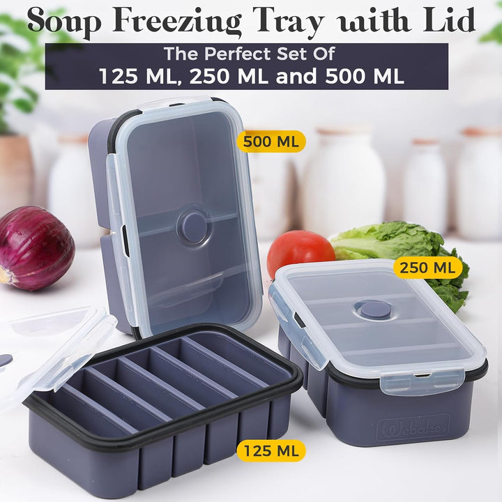 webake Silikonformen Einfrieren Mit Deckel 3 Stück 120ml 250ml 500ml | Suppen Einfrieren Behälter Si