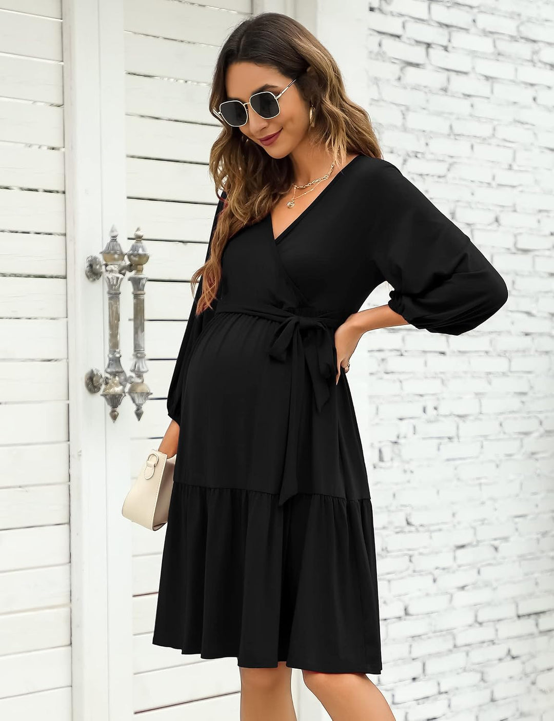 KOJOOIN Damen Umstandskleid V-Ausschnitt 3/4 Ärmel Stillkleid Rüschen Schwangerschafts Kleider mit G