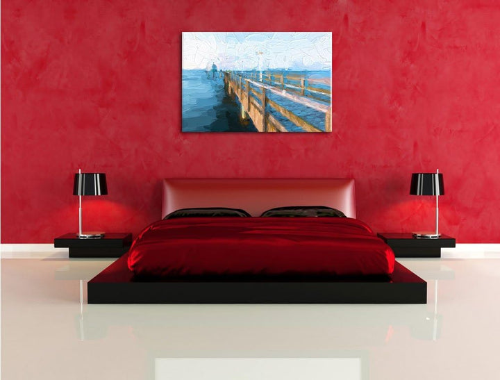 Pixxprint Pier im Meer / 100x70cm Leinwandbild bespannt auf Holzrahmen/Wandbild Kunstdruck Dekoratio
