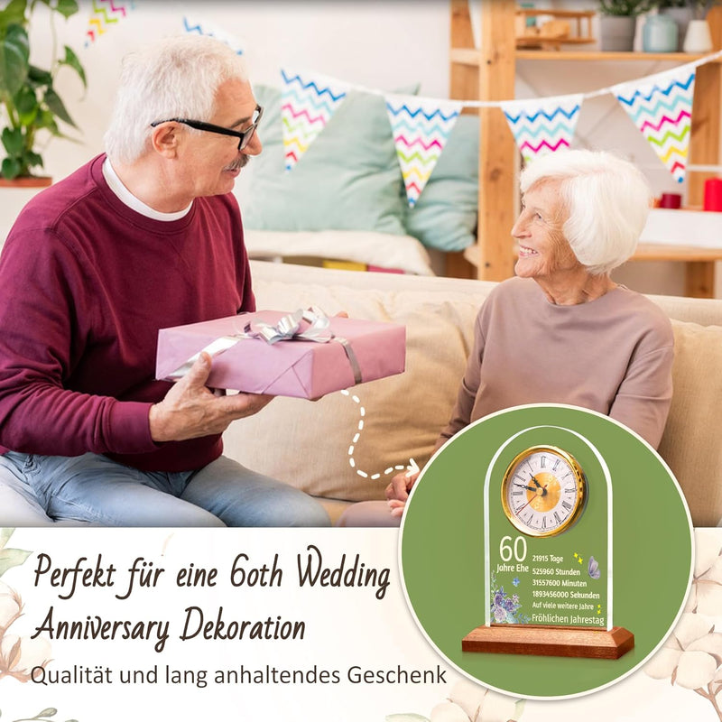 OkiyiD 60. Jahrestag Hochzeit Geschenk, Jahrestag Quarzuhr, Schreibtisch Tisch Uhr, 60 Jahre Ehe, Di