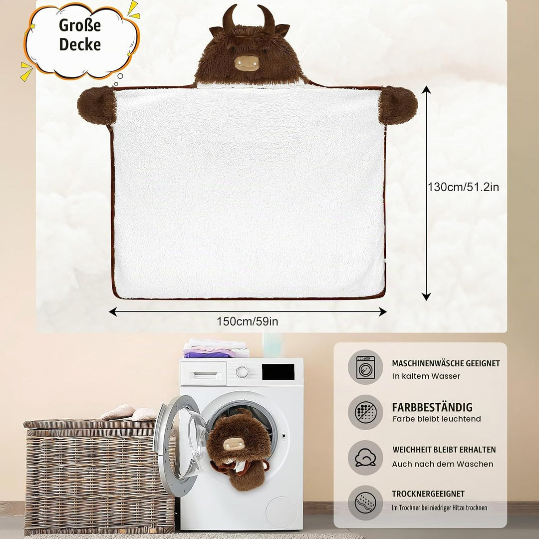 MSISILY Decke mit Kapuze und Ärmeln, Tragbare Decke Kuscheldecke Flauschig, Hochlandrind Geschenk fü