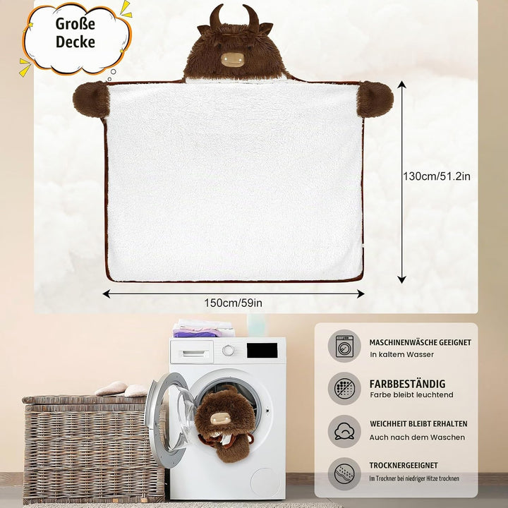 MSISILY Decke mit Kapuze und Ärmeln, Tragbare Decke Kuscheldecke Flauschig, Hochlandrind Geschenk fü