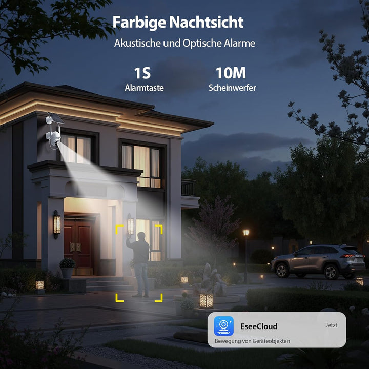 2K Überwachungskamera Aussen Solar WLAN, 2er-Kit mit Lagerbasis, Keine Gebühren, 360° Schwenken &amp; Ne