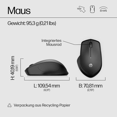 HP 280 Silent Wireless Maus (besonders leises Klicken, lange Akkulaufzeit, Wireless Dongle) schwarz