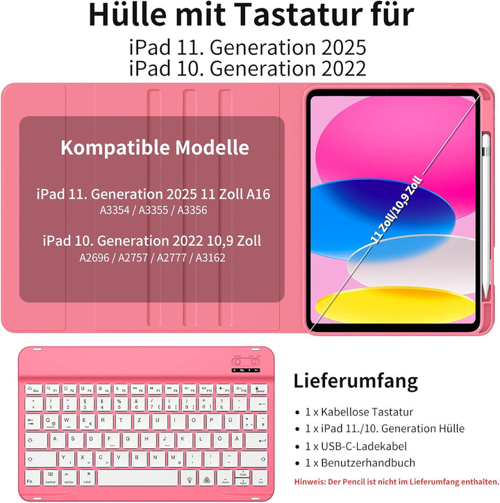 Tastatur mit Hülle für iPad 11. Generation 2025 11 Zoll A16/ iPad 10. Generation 2022 10,9 Zoll Hüll