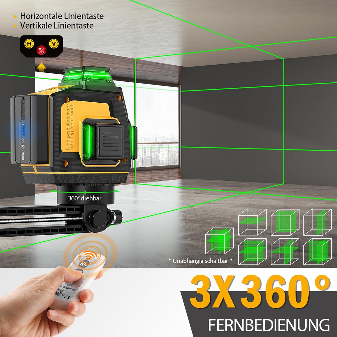 Kreuzlinienlaser Grün 12 Linien, SAVSEC 3x 360° Selbstnivellierend Laser Wasserwaage bis zu 37 Stund