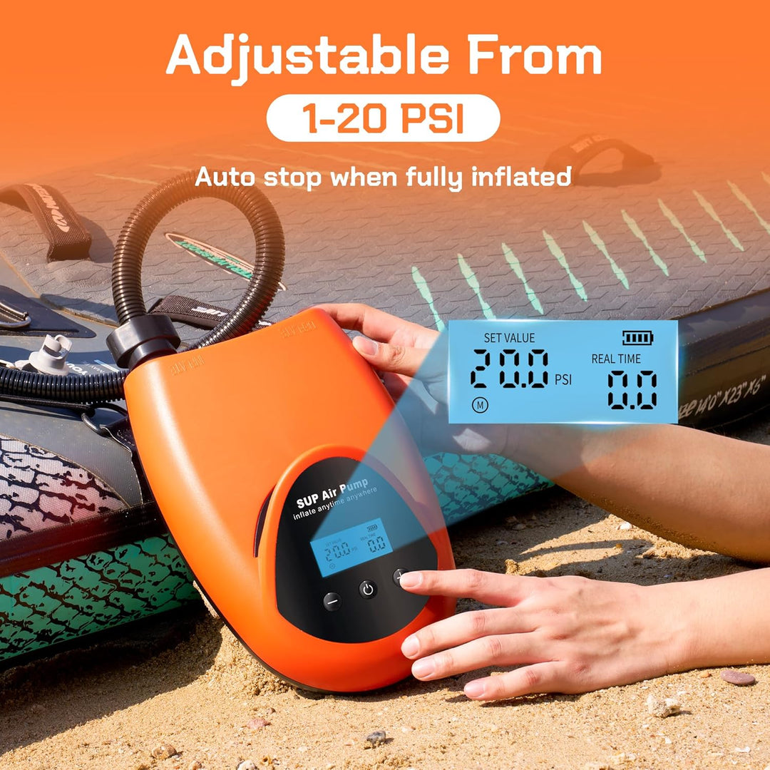 TONSIM Elektrische SUP Pumpe mit Akku, 20PSI Wiederaufladbar Kabellose Luftpumpe, LCD-Digitalanzeige