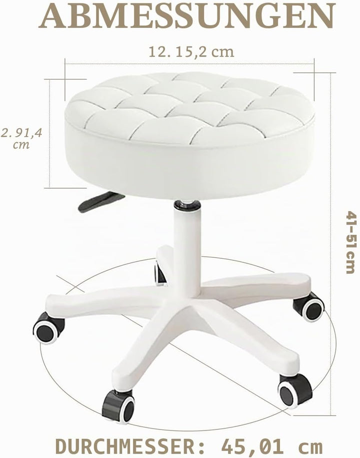 Kleiner Stuhl, runder Drehhocker mit Rollen, Sitzhöhe 35–45 cm, 360° drehbar, PU-Leder, höhenverstel