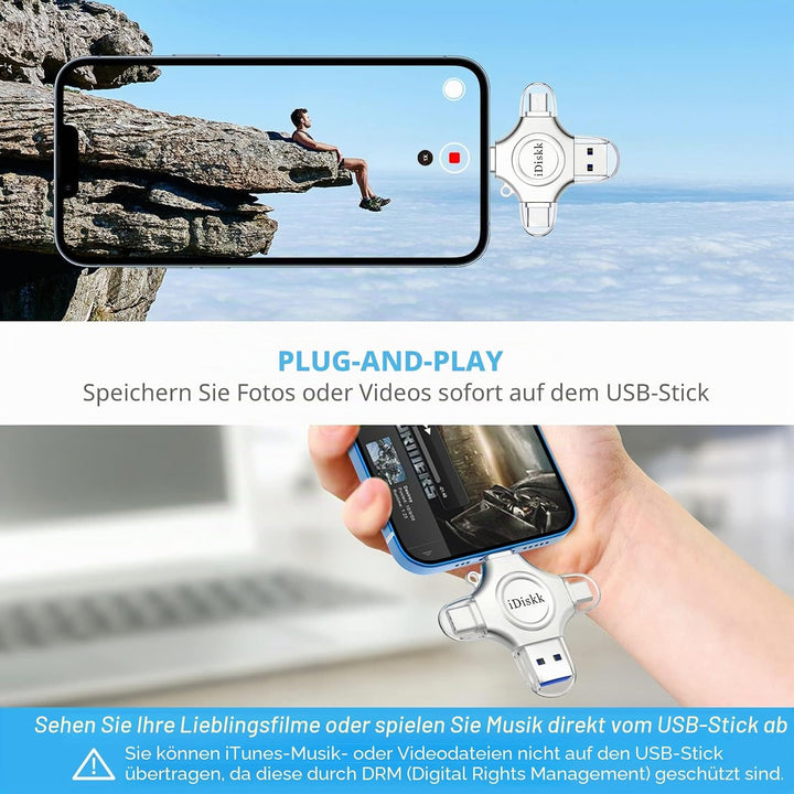 iDiskk zertifizierte Lightning-Festplatte, 128 GB, MFi für iPhone, 4-in-1, USB-Speicher, für iPhone/