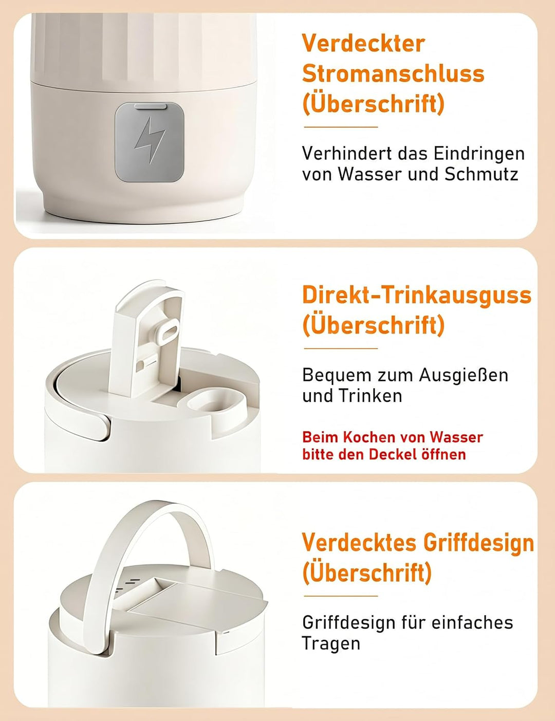 Reisewasserkocher, Mini Wasserkocher mit 9 Temperaturstufen, Tragegriff | 600ml, 4-in-1, Doppelschic