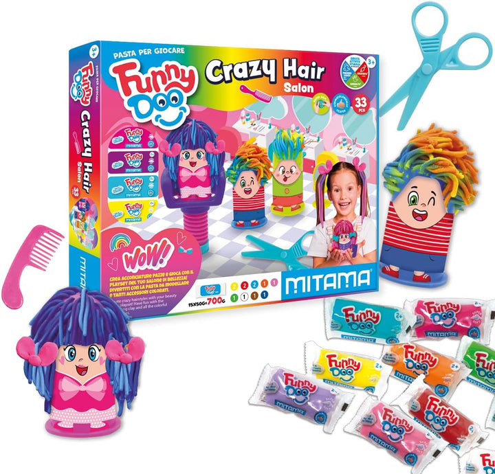Mitama Funny Doo – Friseur-Spielset mit 15 Dosen Knete, Knetwerkzeug, Zubehör und Aufklebern, kreati