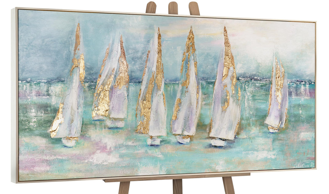 YS-Art Abstrakt Acryl Gemälde auf Leinwand handgemalt Segelboote Wandbilder Wohnzimmer Moderne Blaue