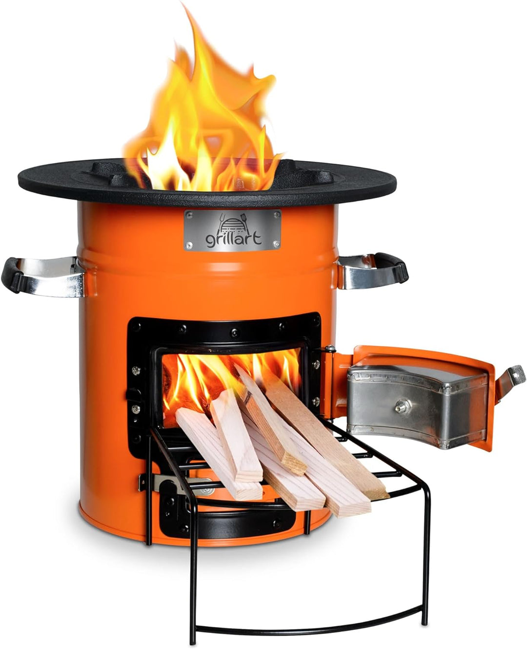 grillart® Raketenofen Outdoor “Powertrain” orange – effizienter Holzofen als Campingkocher für Dutch