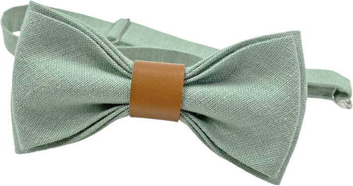 LINILI Leinen Accessoires SET: Fliege und Einstecktuch für Herren- Fliege mit Leder, bereits gebunde