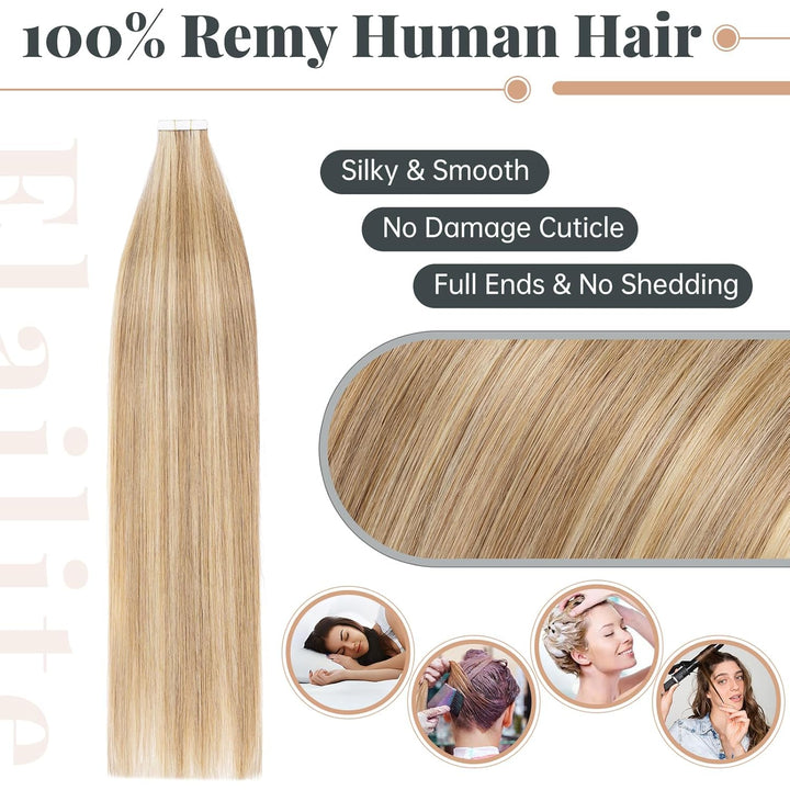 Elailite Tape Extensions Echthaar #12P613 Goldbraun mix Bleichblond, 20 Stück/Packung 20cm Haarverlä